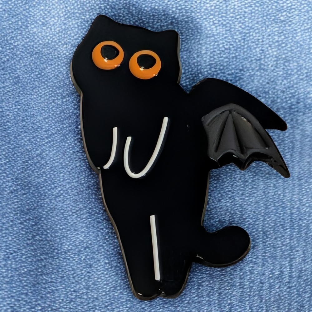 Black Bat Cat Enamel Pin with Orange Eyes